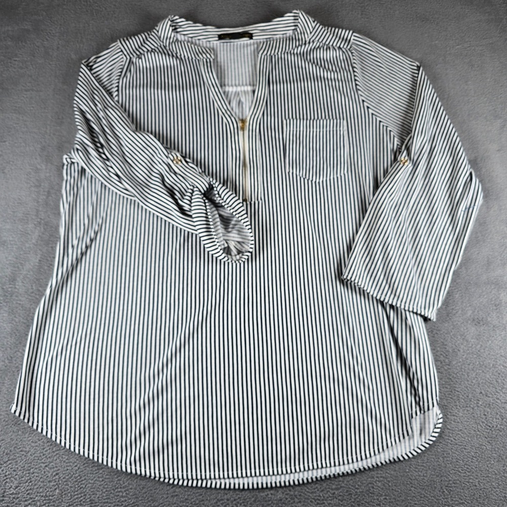 Always Indigo Navy White Striped Quarter Zip Roll Tab Sleeve Blouse 1X